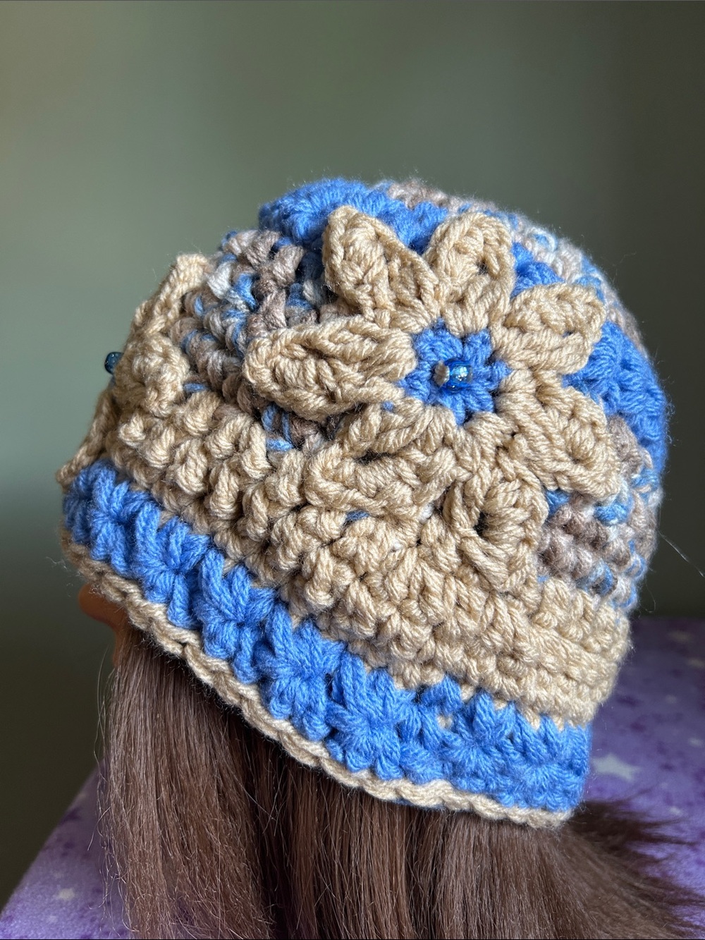 Handmade Crochet Flower Beanie - Blue & camel medium acrylic